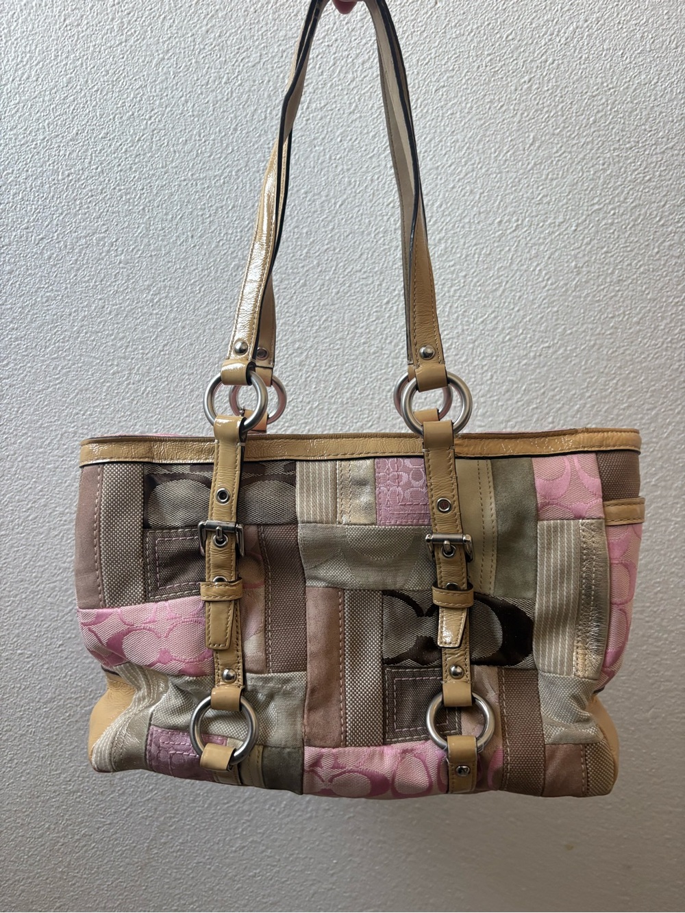 Rare Patchwork Pink and Tan Shoulder Tote